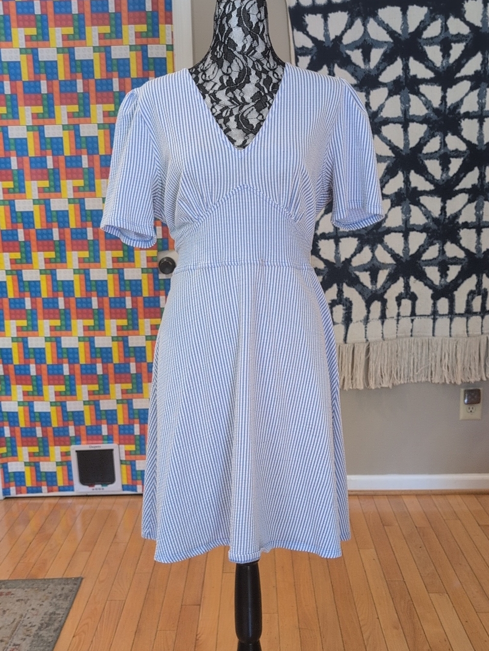 Michael Kors Light Blue & White Pinstripe V-Neck Midi Dress